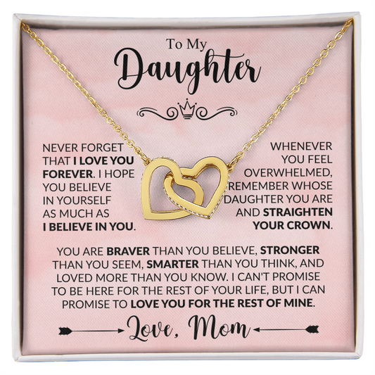 To My Daughter "Love,Mom" Interlocking Hearts necklace