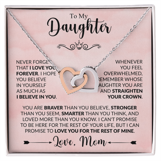 To My Daughter "Love,Mom" Interlocking Hearts necklace