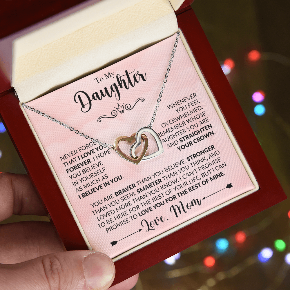 To My Daughter "Love,Mom" Interlocking Hearts necklace