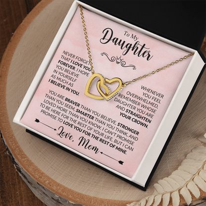 To My Daughter "Love,Mom" Interlocking Hearts necklace