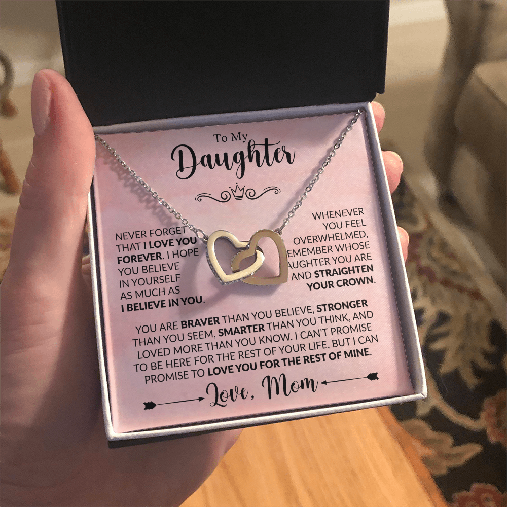 To My Daughter "Love,Mom" Interlocking Hearts necklace