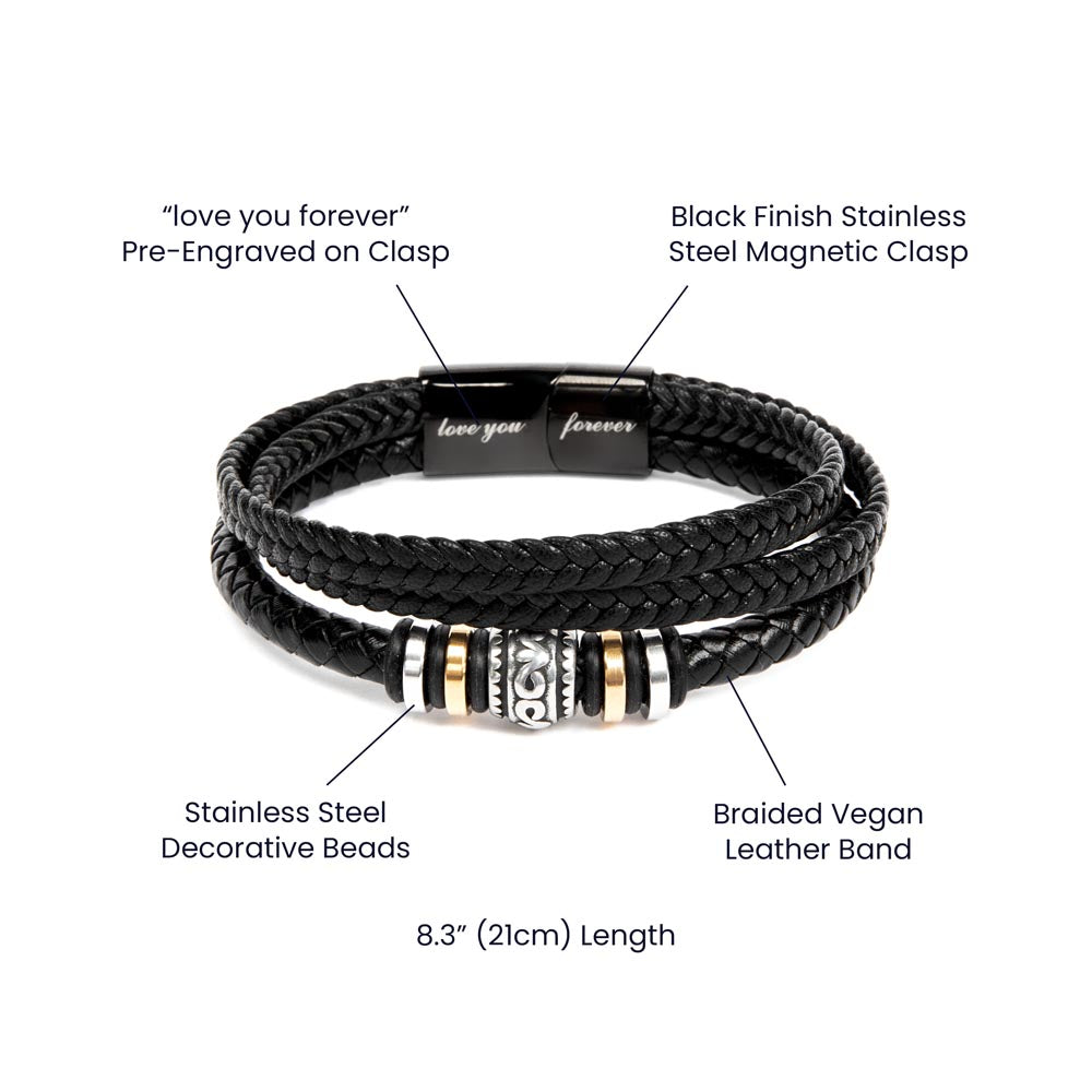 Braided vegan leather men's bracelet with stainless steel beads